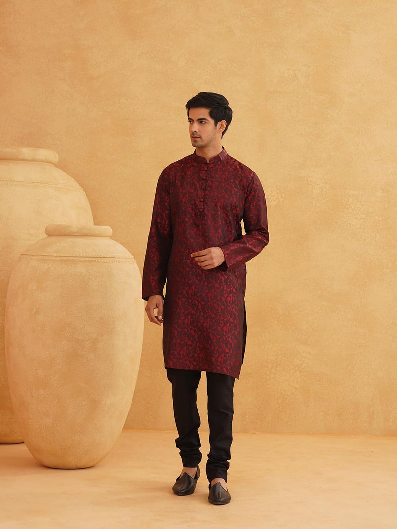 Sojanya (Since 1958 Men'S Maroon Jackquard Silk Only Long Kurta, Size 42 - Image 5